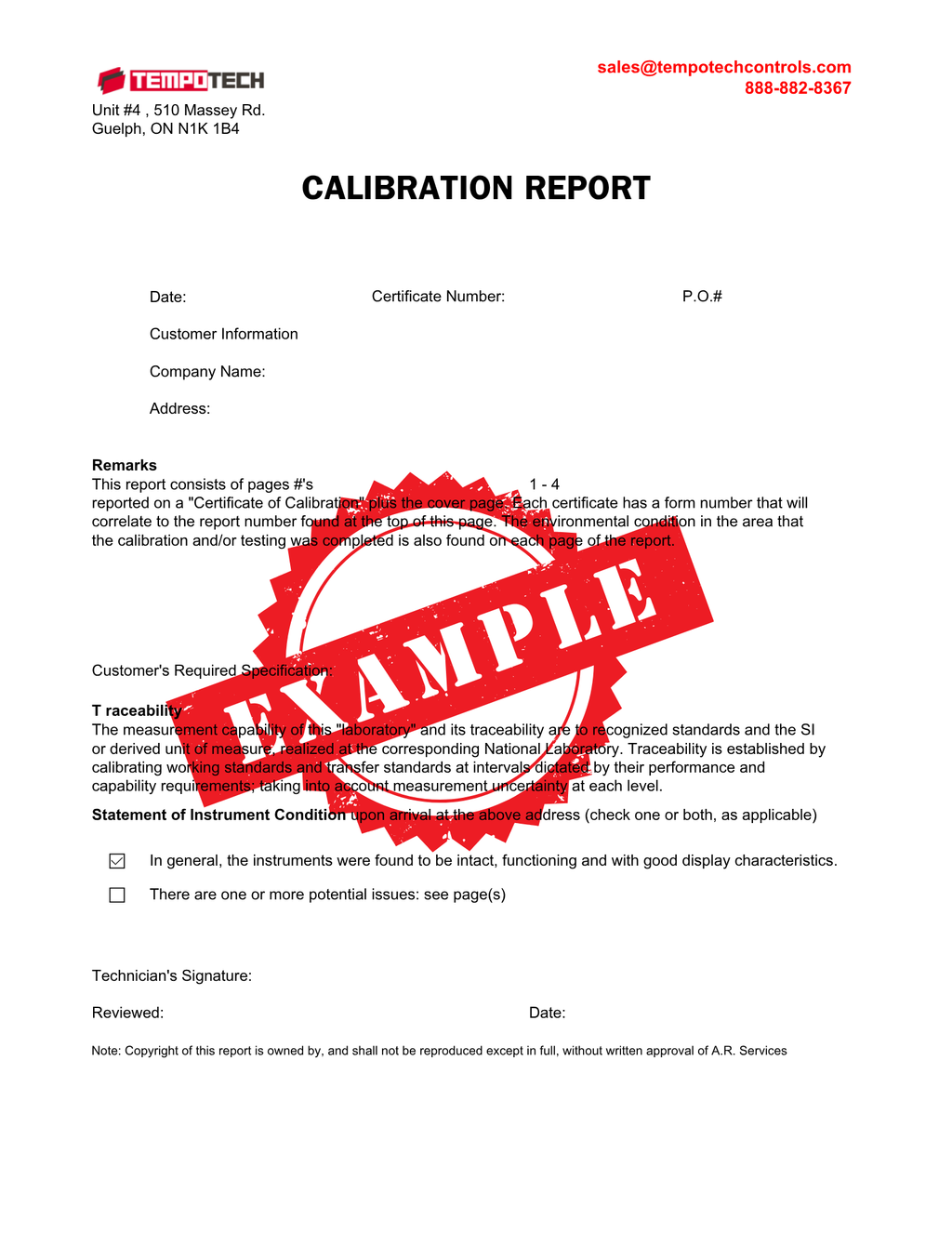 Calibration report | Tempotech Controls